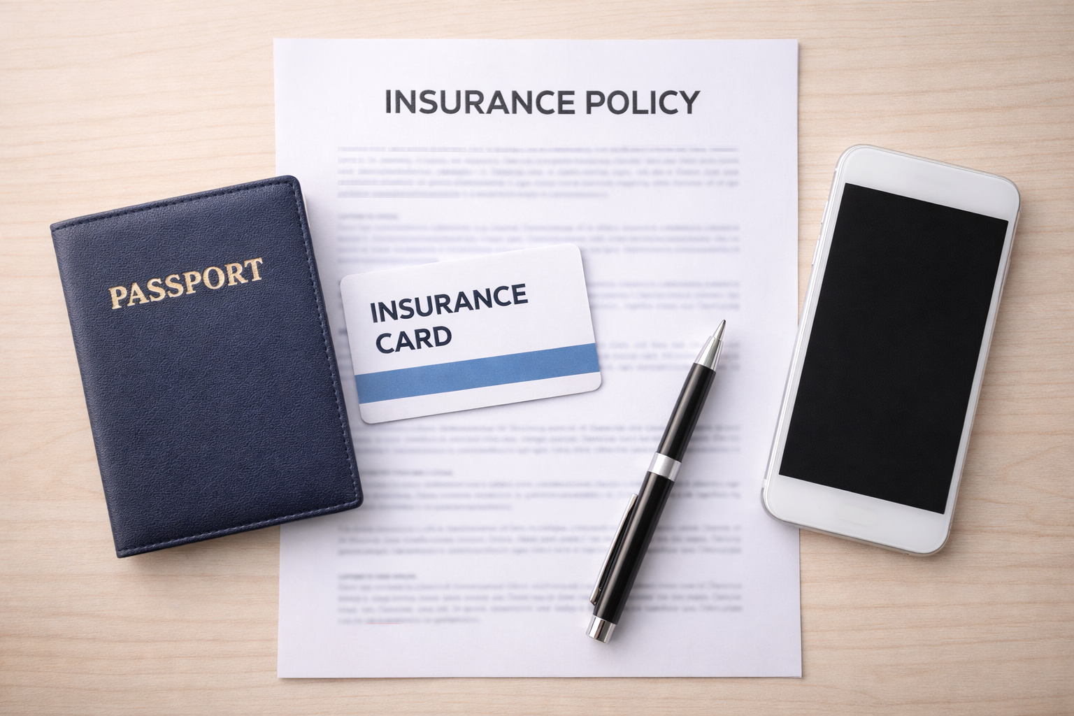 Insurance policy and passport flat lay